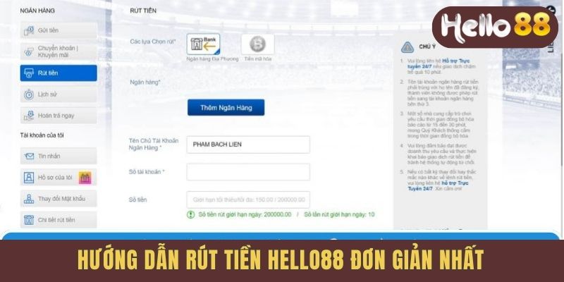 Hướng dẫn Hello88 Rút tiền đơn giản nhất